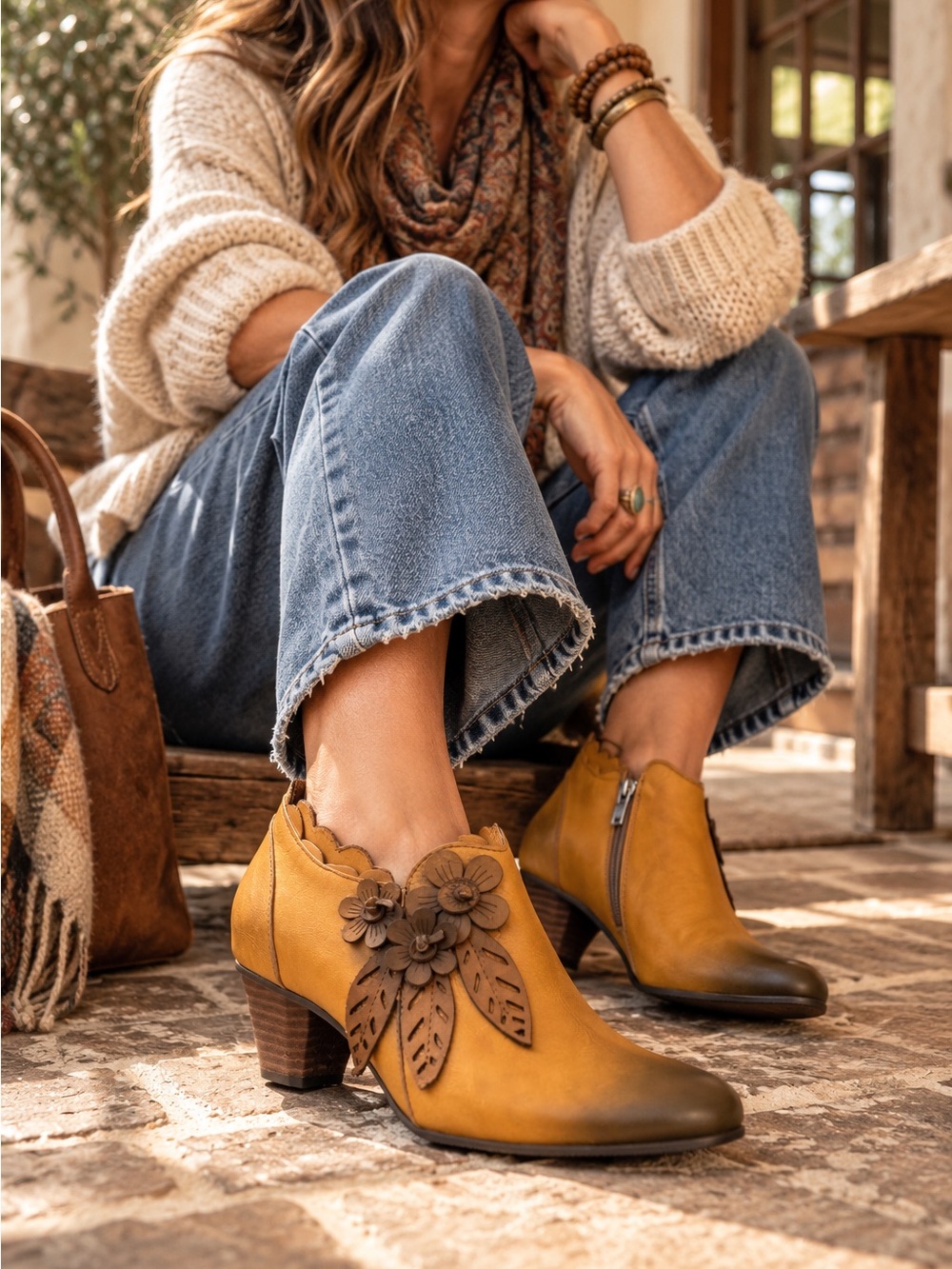 Metcandy EU 40 Cognac Leather Floral Ankle Boots Boho Artisan Cottagecore